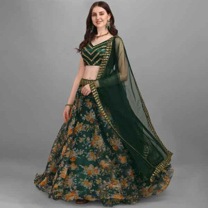 Bottle Green Floral Semi-Stitched Flared Lehenga Choli Set With Dupatta