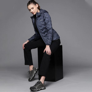 Women Navy Blue Reflective Strip Outdoor Puffer Jacket